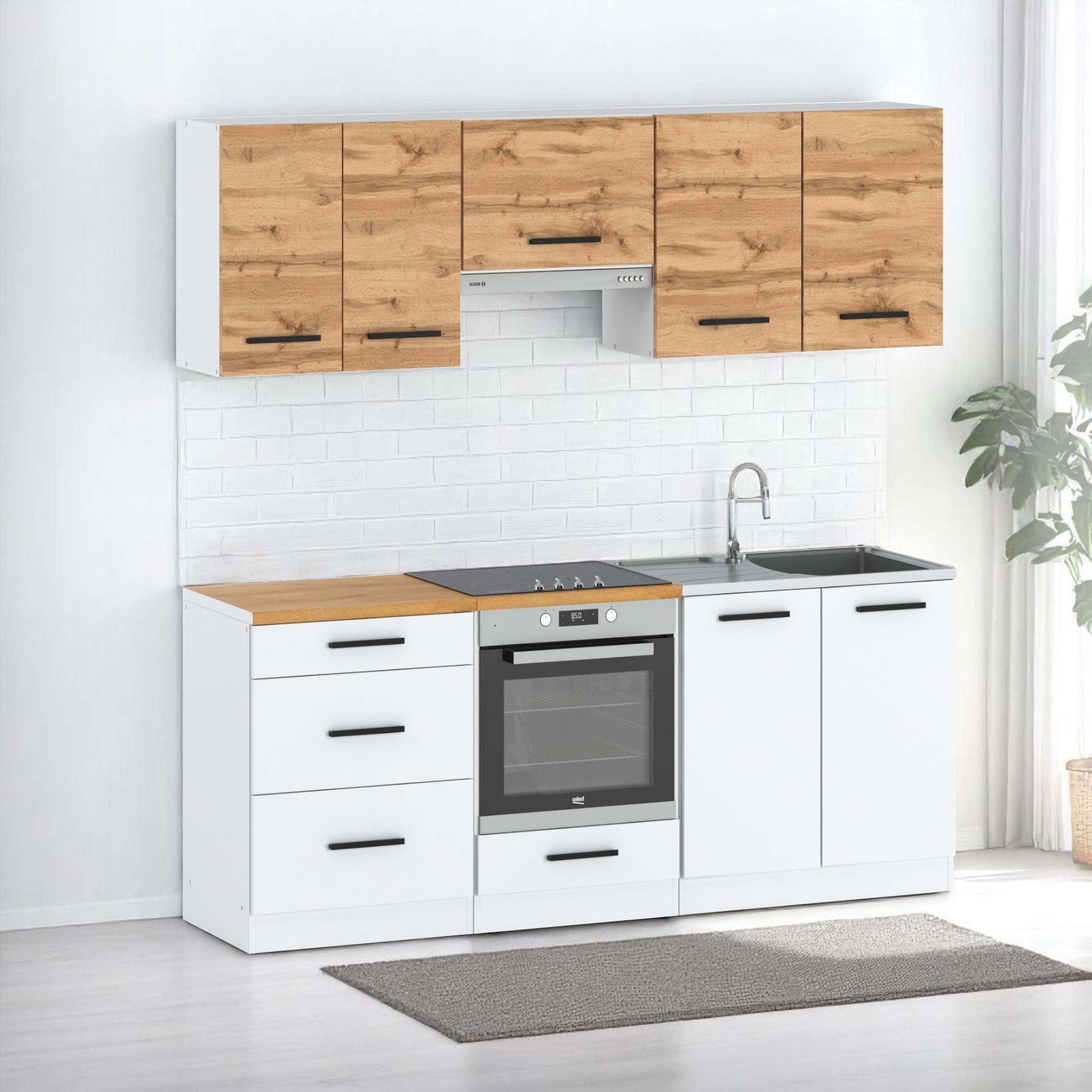 Kuchnia Nowoczesna Pojemna Z Blatem Mała 2.0m Wotan Biała Mat Dąb Wotan