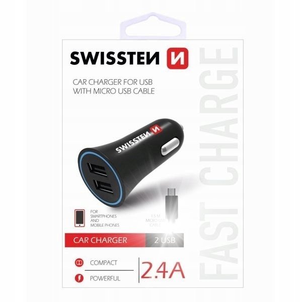 ŁADOWARKA SAMOCHODOWA 2,4A 2x USB+ mikro SWISSTEN