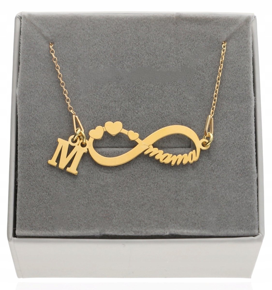 Złoty naszyjnik nieskończoność mama DOWOLNA litera LITERKA PUDEŁKO SREBRO