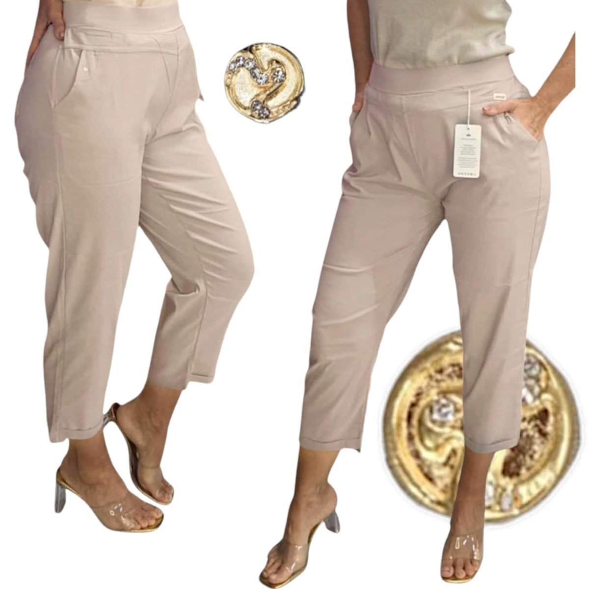 REWELACYJNE SPODNIE 7/8 duży rozmiar złoty guzik elastyczne 7XL 8XL 54 56