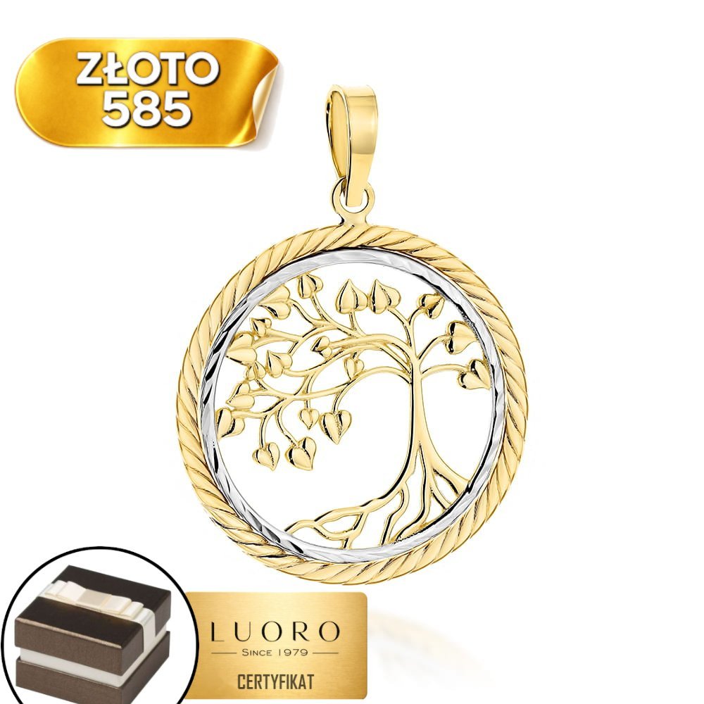 ZAWIESZKA ZŁOTA 585 14K DRZEWKO SZCZĘŚCIA DWUKOLOROWA 2,85 CM ELEGANCKA
