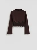 Bluzki damskie - Reserved - Bluzka z koronką - ciemnobrązowy - miniaturka - grafika 1