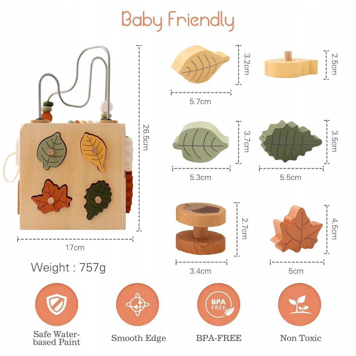 WOODEN TEETHER Drewniana Kostka Montessori Zabawka Edukacyjna 6w1