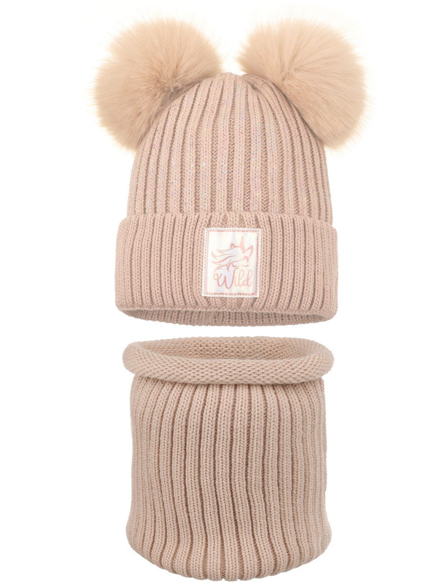 Dziewczęcy komplet zimowy komin i czapka pompony beżowy Ambra r.46/48
