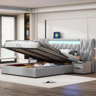 Łóżka - Łóżko tapicerowane Flieks 160x200cm z USB, schowek hydrauliczny łóżko podwójne łóżko młodzieżowe z LED, łóżko na sprężynach skrzyniowych łóżko drewniane ze stelażem z listew, aksamit, szary - miniaturka - grafika 1