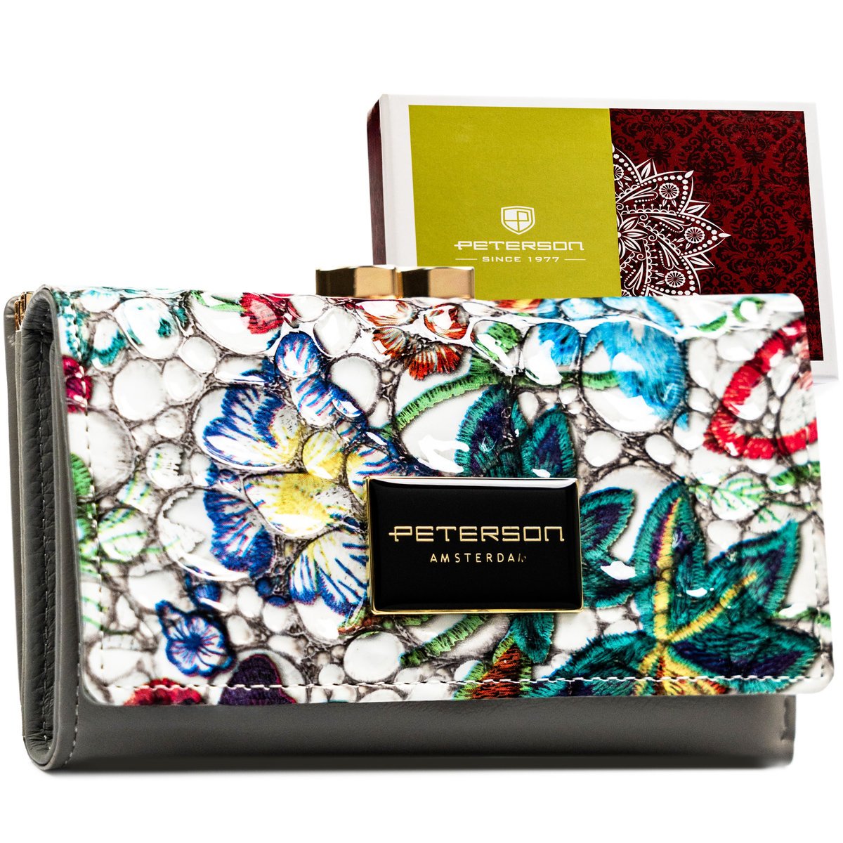 PETERSON Średniej wielkości portmonetka damska na zatrzask i bigiel lakierowana skóra naturalna szary z kolorowym kwiatowym motywem rozbudowany