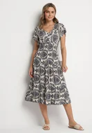 Sukienki - Granatowa Bawełniana Sukienka o Rozkloszowanym Kroju z Gumką w Pasie Desilona - miniaturka - grafika 1