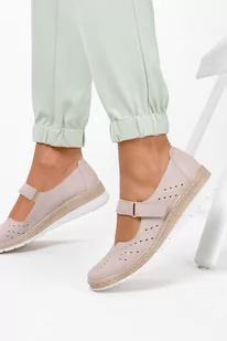 Beżowe półbuty espadryle ażurowe na rzep POLSKA SKÓRA Casu 0650 - Półbuty damskie - miniaturka - grafika 1