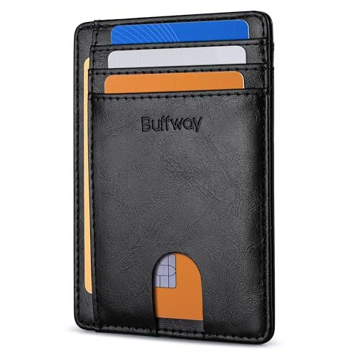 Buffway Smukłe minimalistyczne skórzane portfele blokujące RFID z przednią kieszenią dla mężczyzn i kobiet, Czarny Alaska, Small, Minimalistyczny