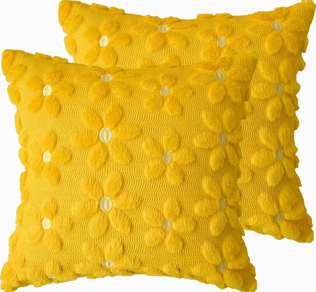 POSZEWKI NA PODUSZKI ZESTAW 2 SZTUK ŻÓŁTE 45X45CM PLUSZOWE KWIATOWE