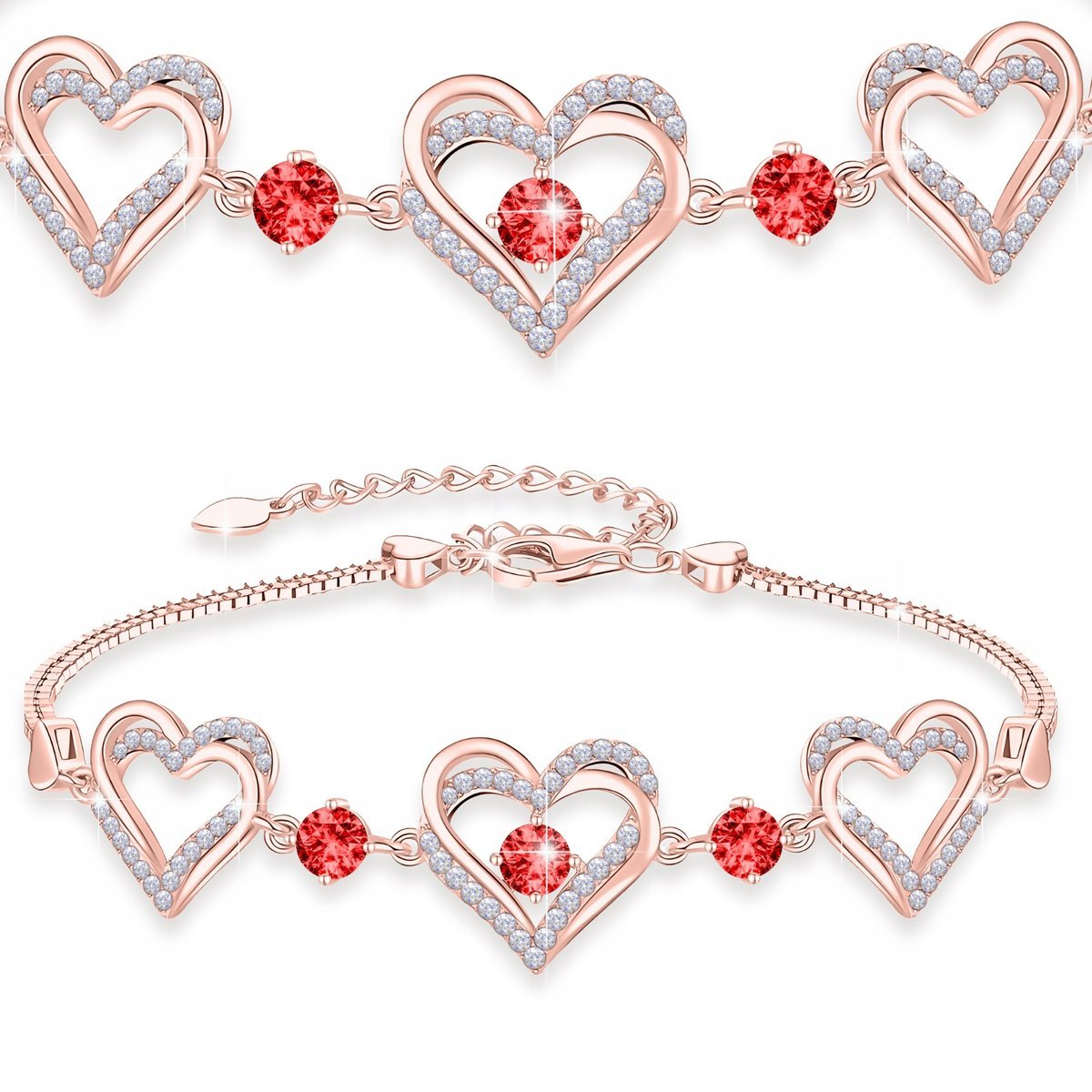Bransoletka Pozłacana Trzy Serca z Cyrkoniami Czerwone Serduszko SREBRO 925