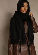 Apaszki i szaliki damskie - Czarny Gładki Szalik z Frędzlami Vetimare - miniaturka - grafika 1