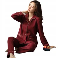 Piżamy damskie - Bawełniana Piżama Damska Dwuczęściowa Na Guziczki Z Długim Rękawem Red L - miniaturka - grafika 1