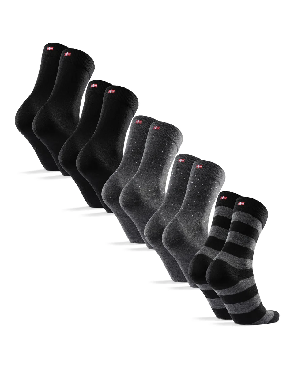 DANISH ENDURANCE Skarpety Merino Męskie, Eleganckie Skarpety, Oddychające i Termoregulujące, 5-Pak, Wielokolorowy (2xCzarny, 2xSzare Kropki, 1xSzare..