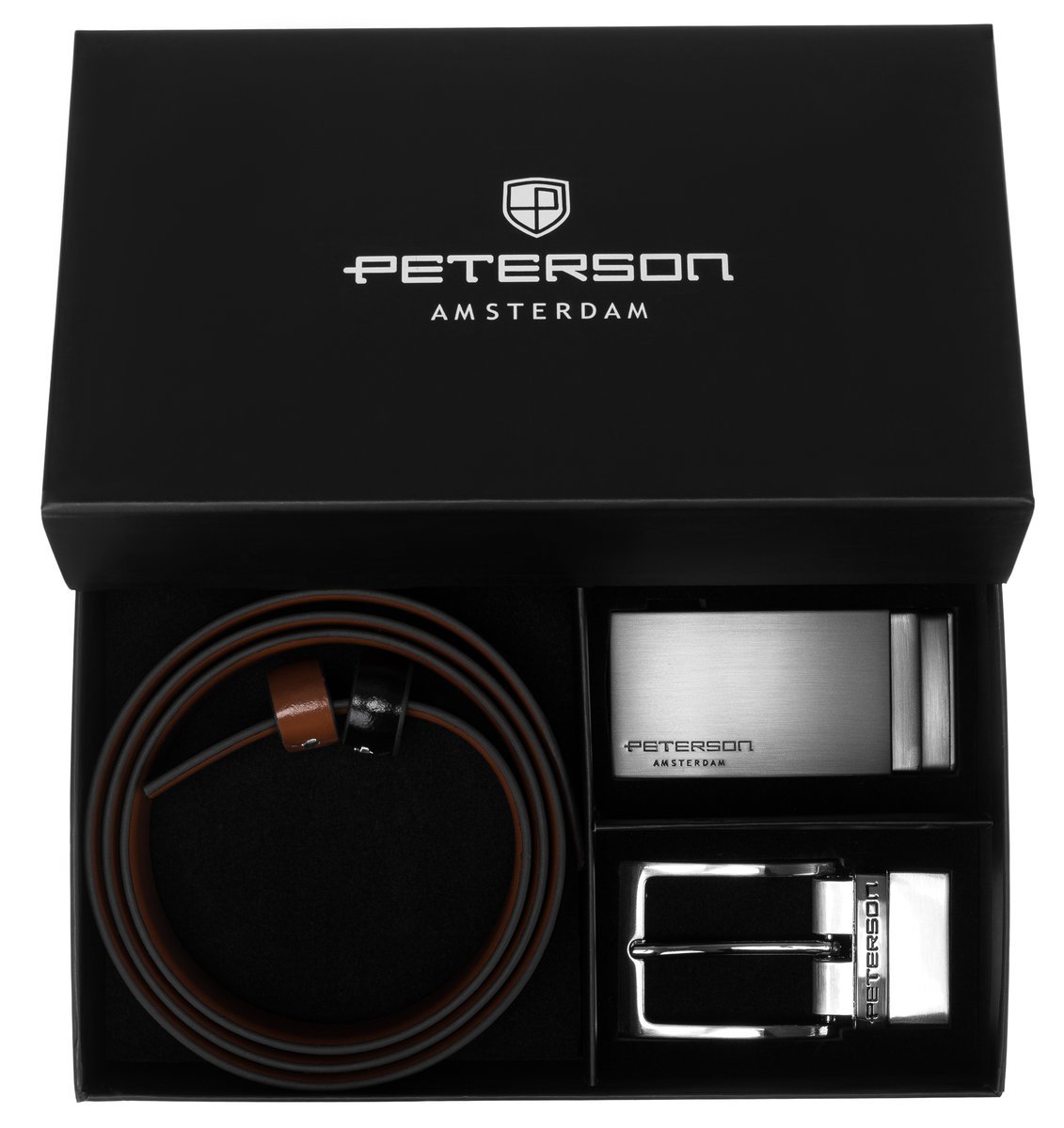 Zestaw prezentowy męski dwustronny pasek skórzany z dwiema klamrami rozmiar 105 Peterson, czarny brązowy
