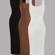 Sukienki - TEMU 3 sztuki damskich, prążkowanych sukienek Bodycon - kwadratowy dekolt, długie rękawy, jednokolorowe (czarny, brązowy, biały) - eleganckie i - miniaturka - grafika 1