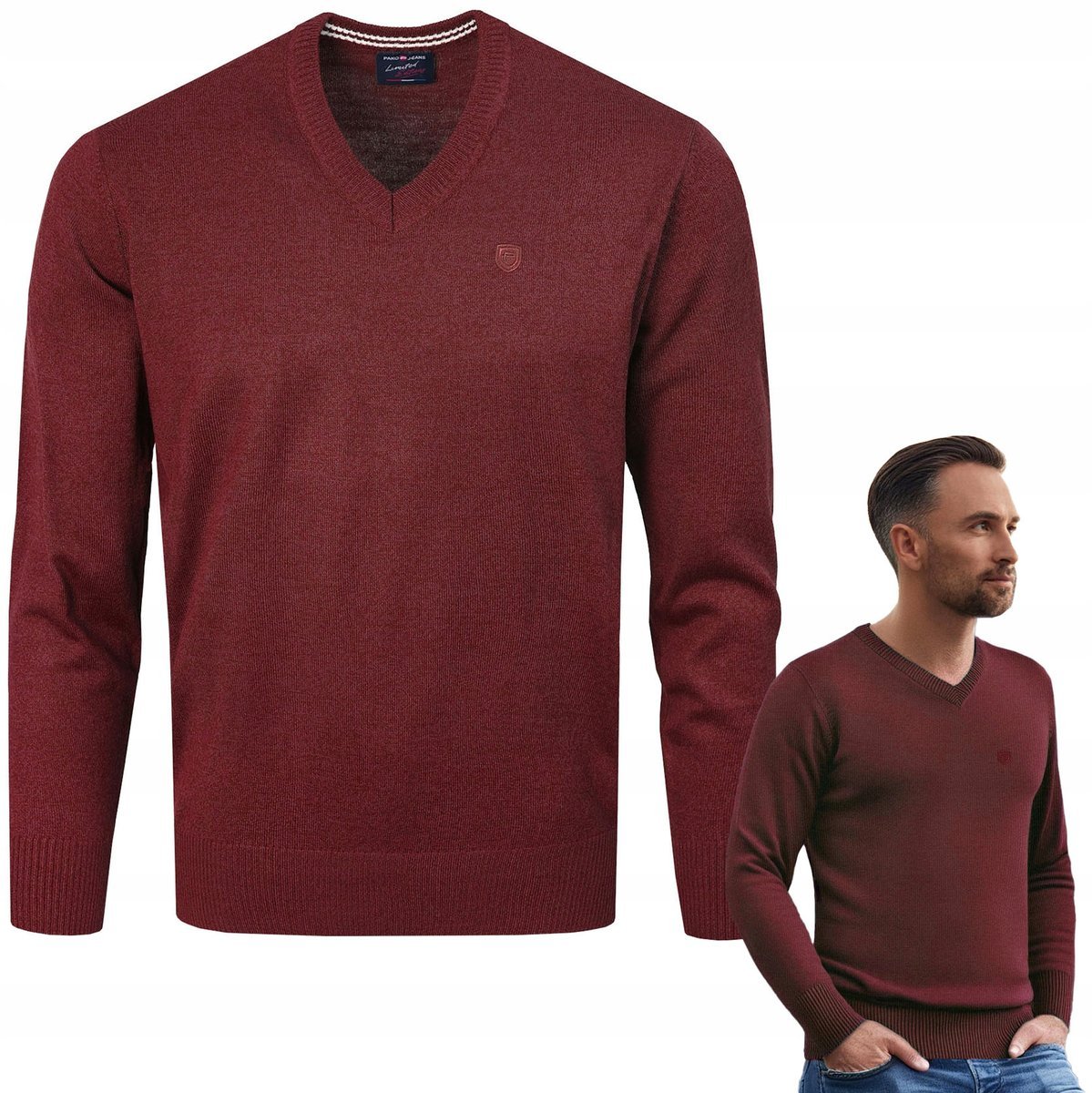 SWETER Męski w Serek Elegancki Gładki BORDOWY melanż XXL Pako Jeans