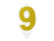 Urodziny dla dorosłych - PartyDeco Świeczka na tort "Cyfra 9", złota brokatowa, 7 cm SCU3-9-019B - miniaturka - grafika 1