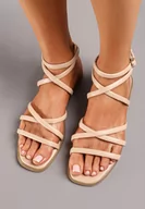 Sandały damskie - Beżowe Płaskie Sandały Rzymianki z Cienkimi Paskami Mleona - miniaturka - grafika 1
