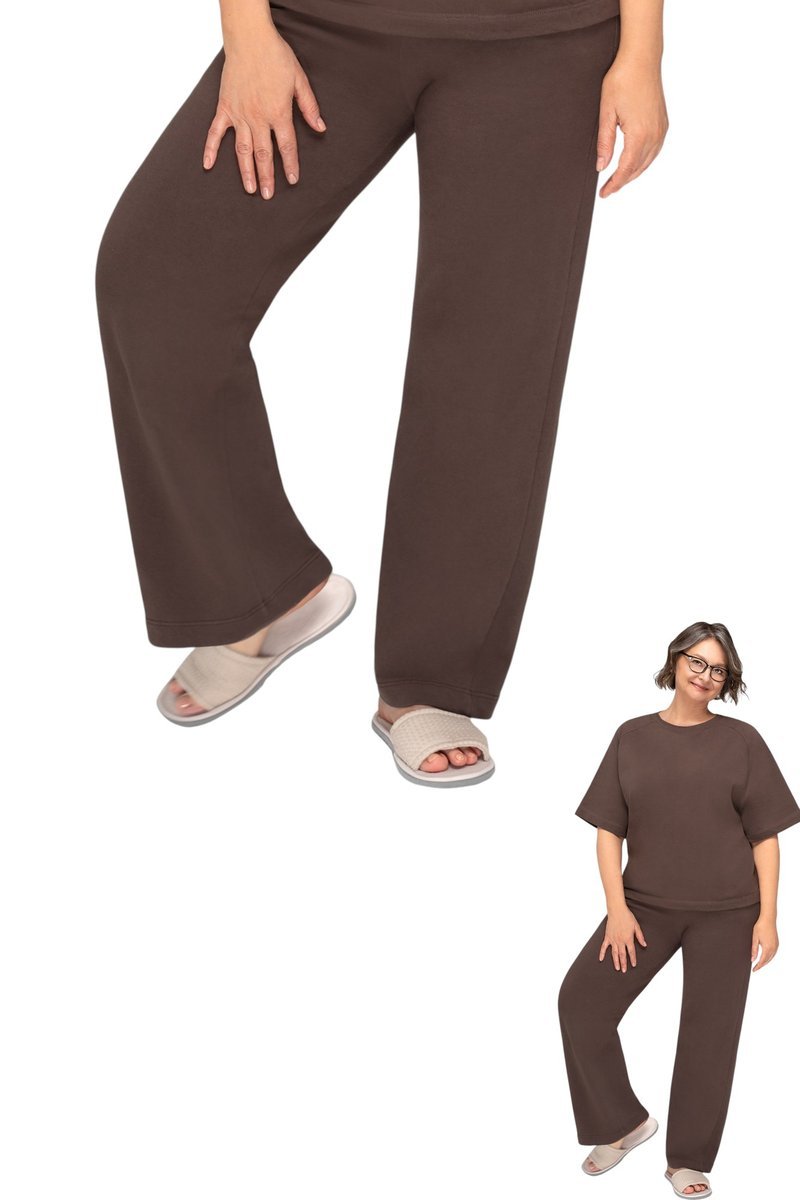 Spodnie Damskie Dresowe L Brązowe Z Kieszeniami Szerokimi Nogawkami Bawełniane