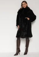 Płaszcze damskie - Czarny Jednorzędowy Płaszcz Futro z Szerokim Kołnierzem Wedinalia - miniaturka - grafika 1