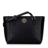 Torebki damskie - Damska torba na ramię ze skóry czarna ze srebrno-złotym logo - miniaturka - grafika 1