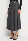 Spódnice - Szara Plisowana Rozkloszowana Spódnica z Imitacją Kieszeni Paskiem i Gumką w Talii Evisthai - miniaturka - grafika 1