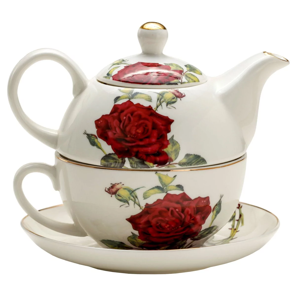 Marco Polo SJ Dzbanek Do Herbaty I Kawy Porcelanowy Z Filiżanką I Spodkiem Czerwona Róża Biały 0,45 L