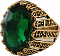 Pierścionki - Złoty Sygnet z Dużym Szmaragdem Zielony Kamień Stal Szlachetna Vintage - miniaturka - grafika 1