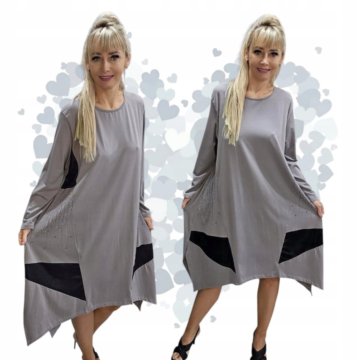 MODNA SUKIENKA ZE WSTAWKAMI ALA SKÓRA cyrkonie bawełna blink 54 56 7XL 3135