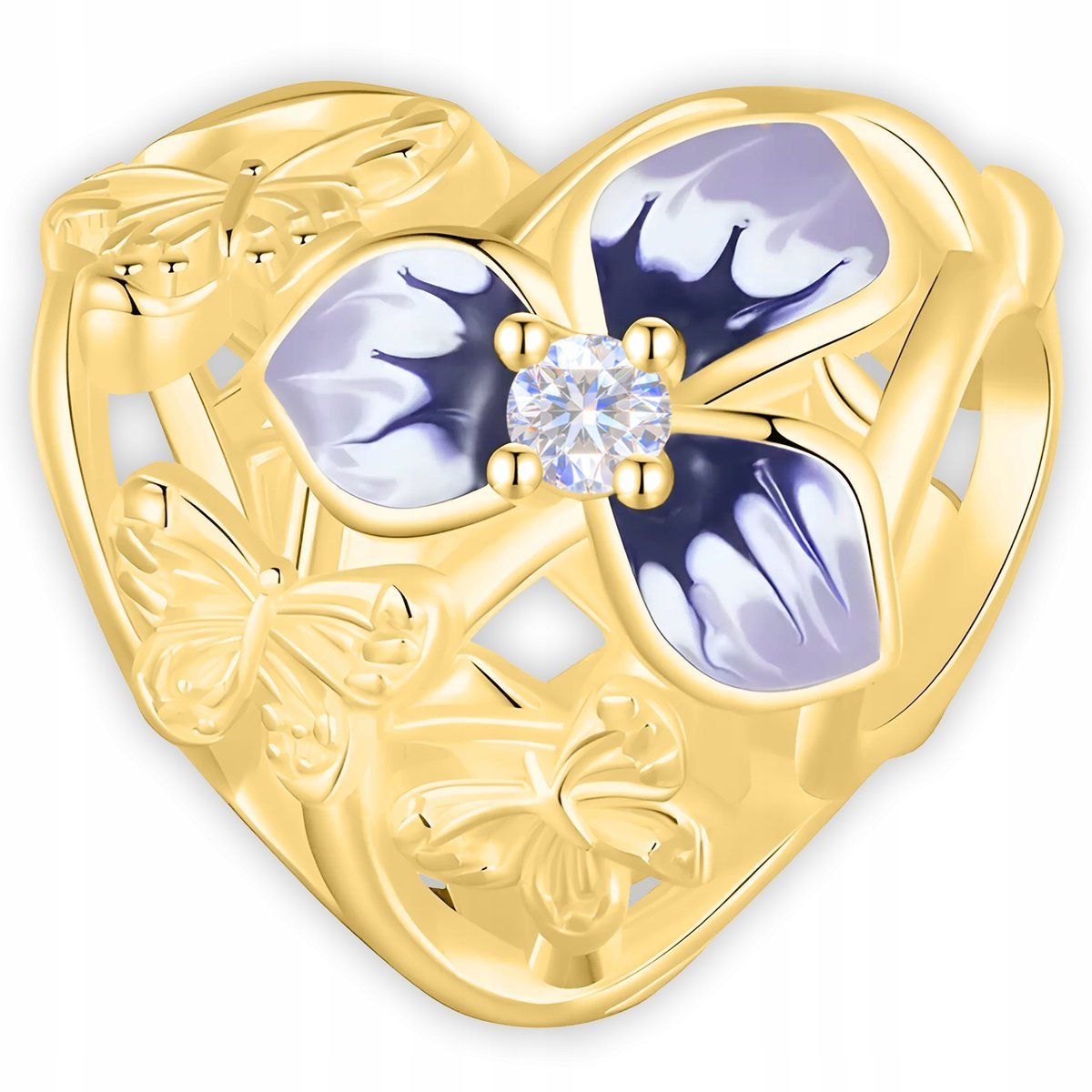 CHARMS ZŁOTY Serce z Motylem POZŁACANY 585 Kwiat Bratek Cyrkonia SREBRO 925