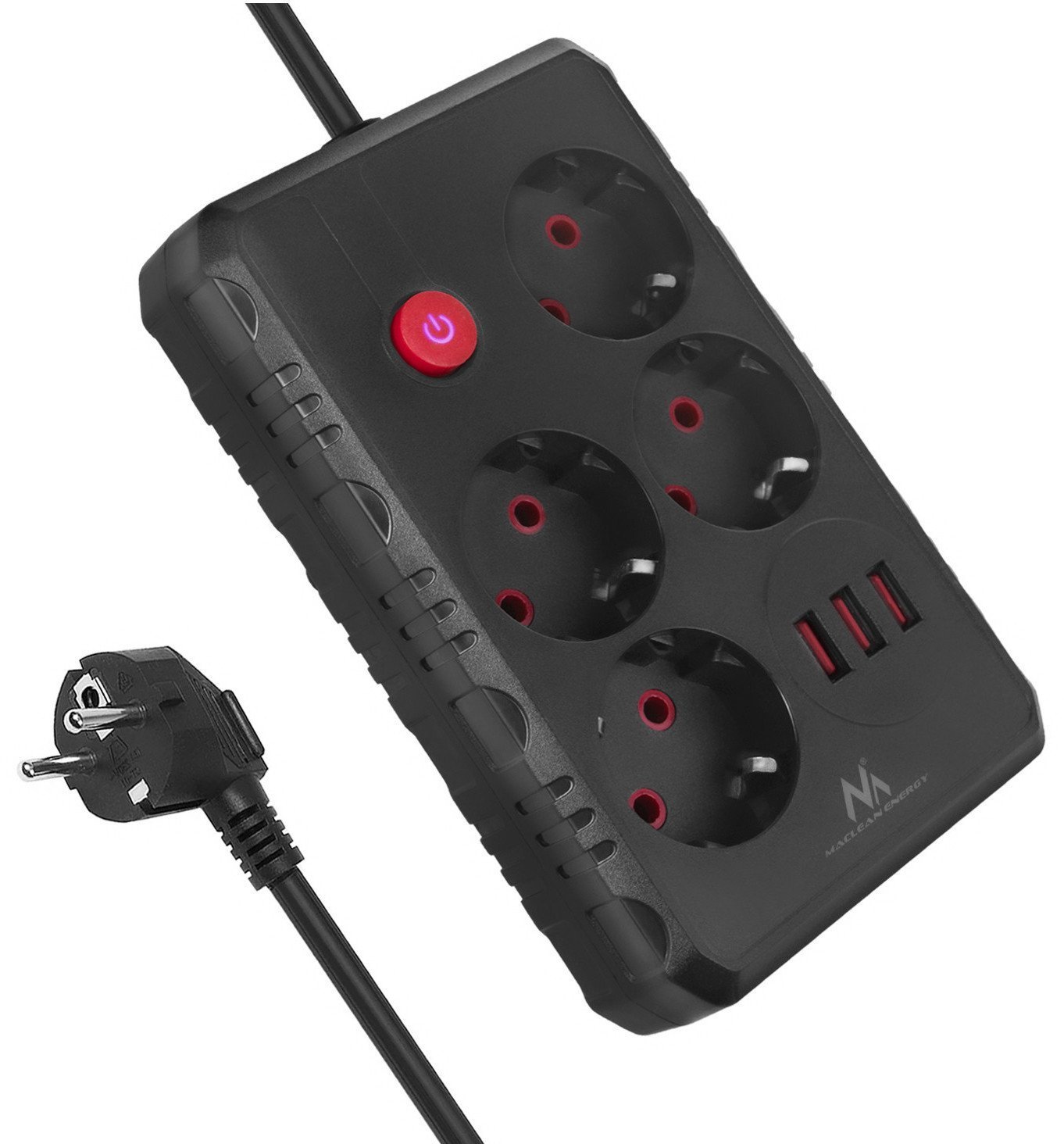 Listwa zasilająca Maclean, przedłużacz 4 gniazda + 3xUSB, 110-240V AC 50/60Hz, 2.1A max 2500W, 3m, czarna ,MCE393 B