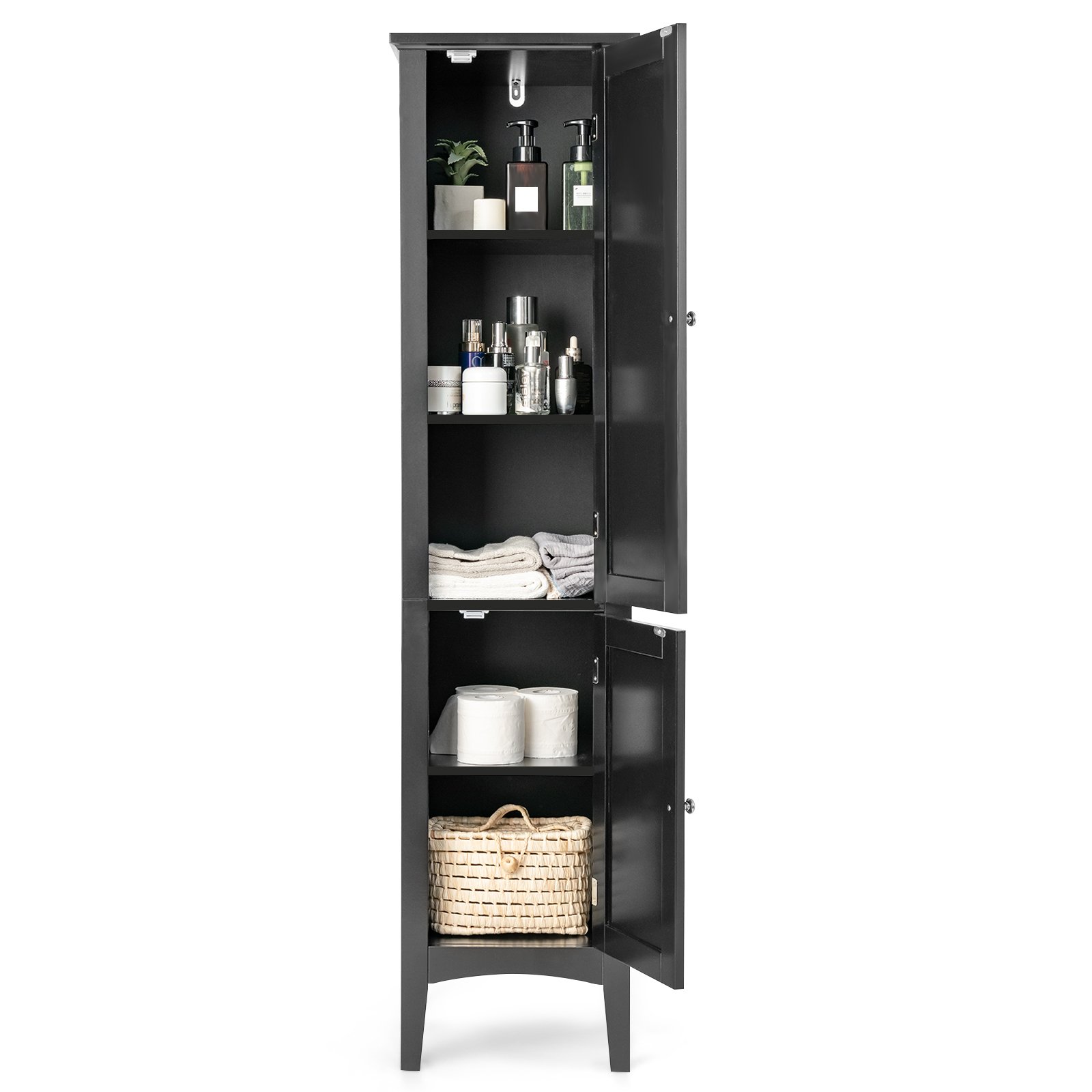 COSTWAY Szafka łazienkowa z 5 przegrodami, wysoka szafka łazienkowa z 2 drzwiami listwowymi i półkami oraz zabezpieczeniem przed przechyleniem 37 x 37 x 160 cm Czarny