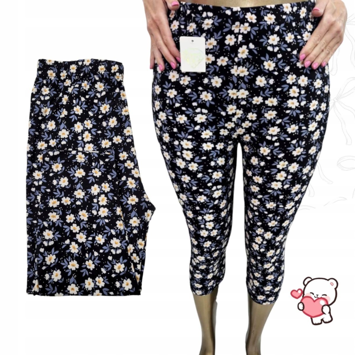 LEGINSY 3/4 NA CO DZIEŃ RYBACZKI kwiaty elastyczne wygodne 50 52 5XL 6XL