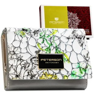 Portfel skórzany Peterson lakierowany damski ze skóry naturalnej poziomy na karty i gotówkę z ochroną kart RFID w kwiaty biały zielony żółty - Portfele - miniaturka - grafika 1