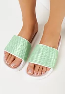 Klapki i japonki damskie - Zielone Klapki z Szerokim Paskiem i Cyrkoniami Olitia - miniaturka - grafika 1