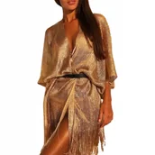 Bluzki damskie - LETNIA SUKIENKA DAMSKA ZWIEWNA TUNIKA PLAŻOWA NARZUTKA BOHO PAREO FRĘDZLE - miniaturka - grafika 1