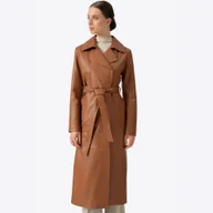 Płaszcze damskie - Damski płaszcz skórzany z paskiem jasny brąz - miniaturka - grafika 1