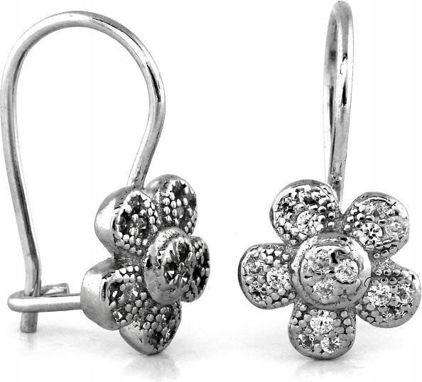 Srebrne kolczyki damskie 925 delikatne na biglu z kwiatkiem z cyrkoniami