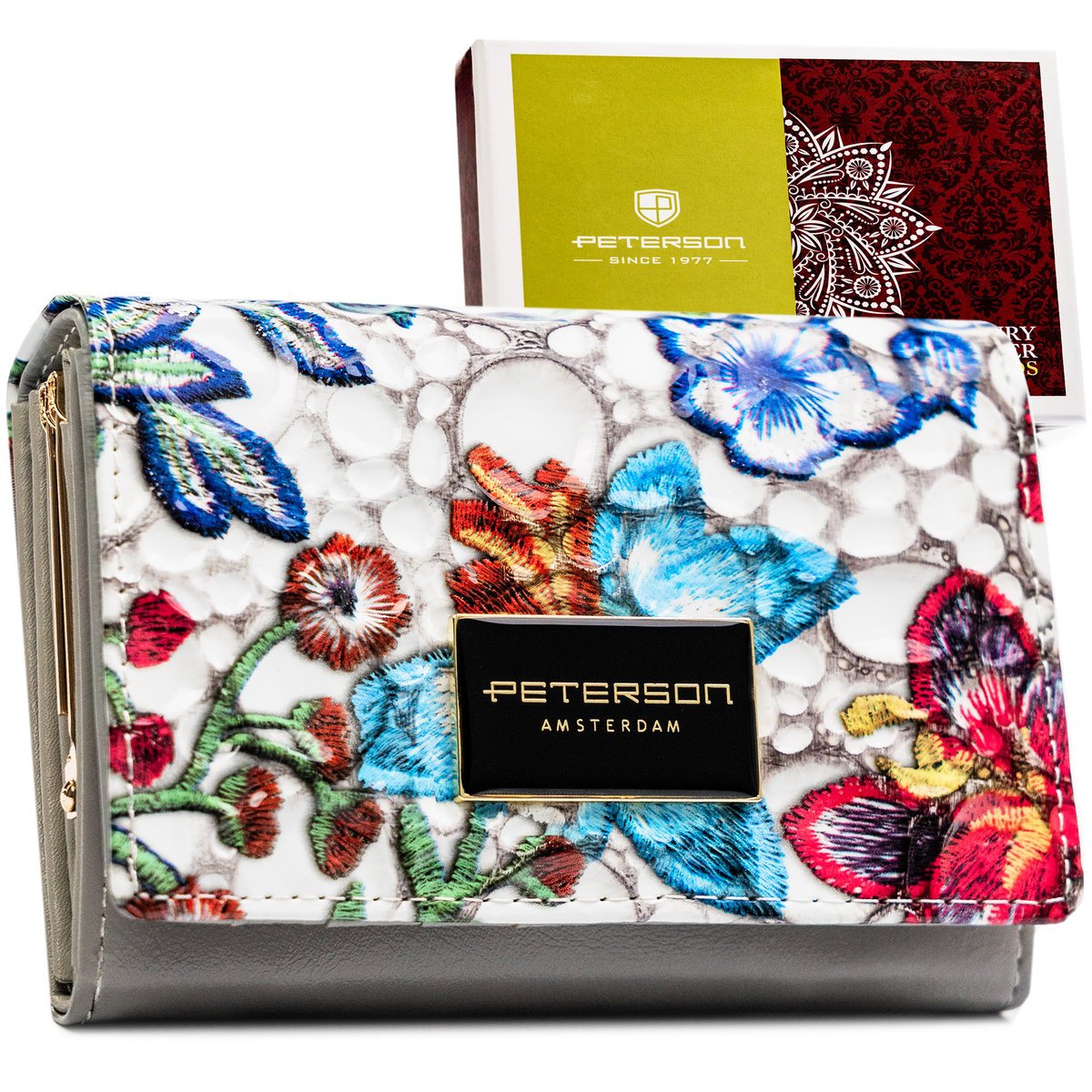 Portfel damski Peterson ze skóry naturalnej lakierowany skórzany średni z ochroną kart RFID na karty i gotówkę w kwiaty wielokolorowy