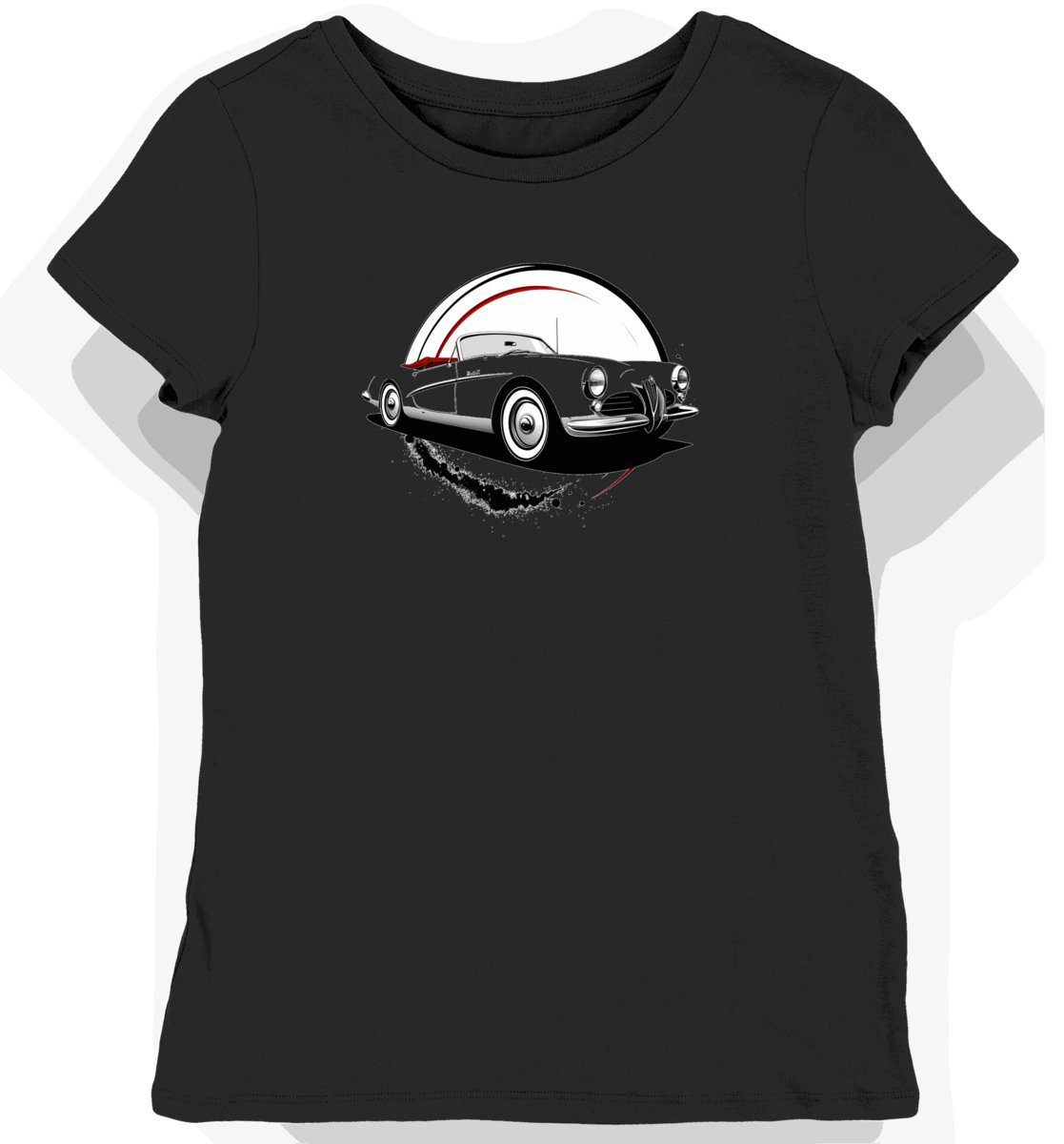 Koszulka damska czarna z motywem klasycznego kabrioletu Alfa L