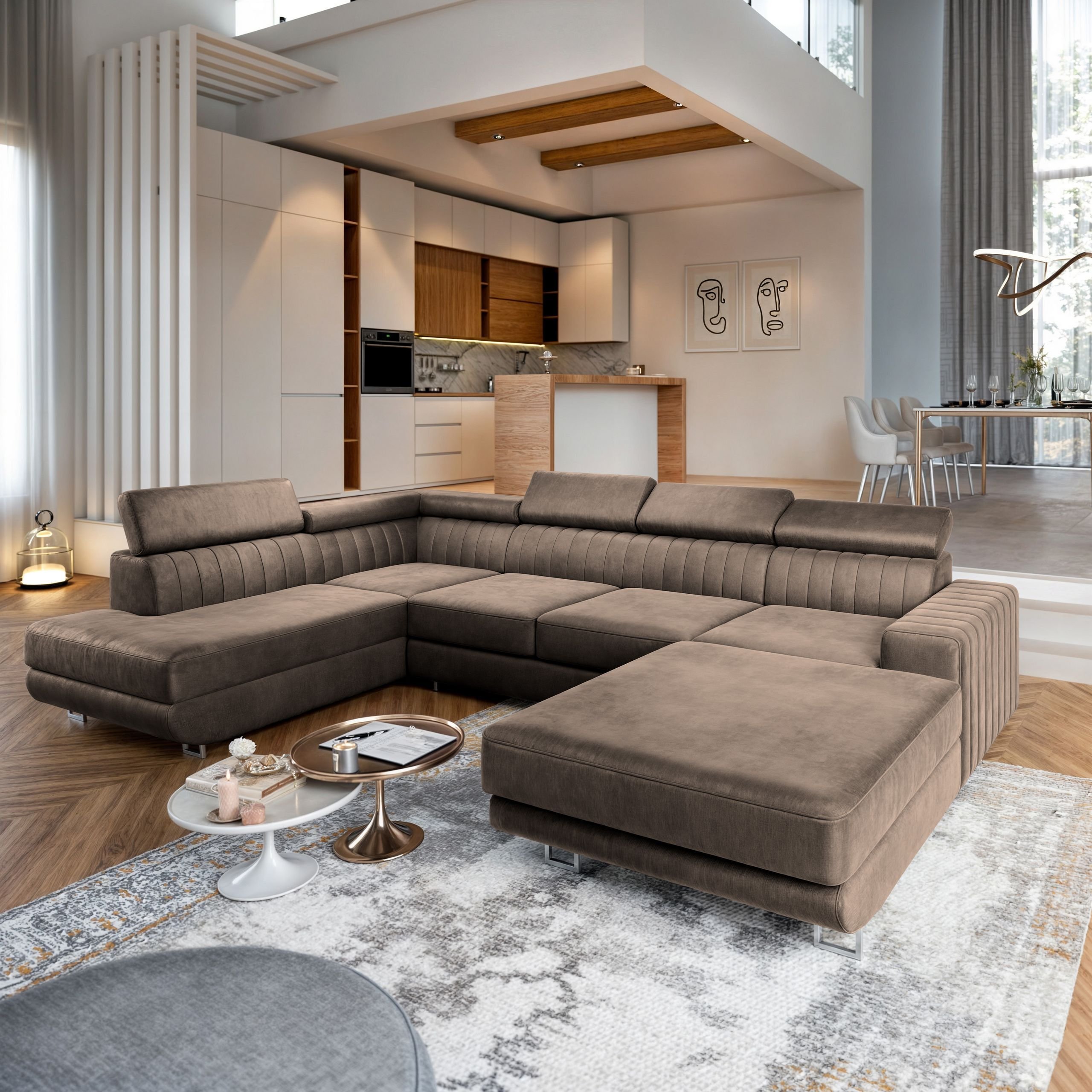 Masseno Narożnik SIENA R-S z funkcją spania i pojemnikiem na pościel Kształt U, Rozkładana sofa, Rogówka - Beżowy, MONOLITH 09