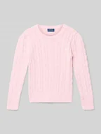 Swetry dla dziewczynek - Sweter z dzianiny ze ściegiem warkoczowym i okrągłym dekoltem - miniaturka - grafika 1