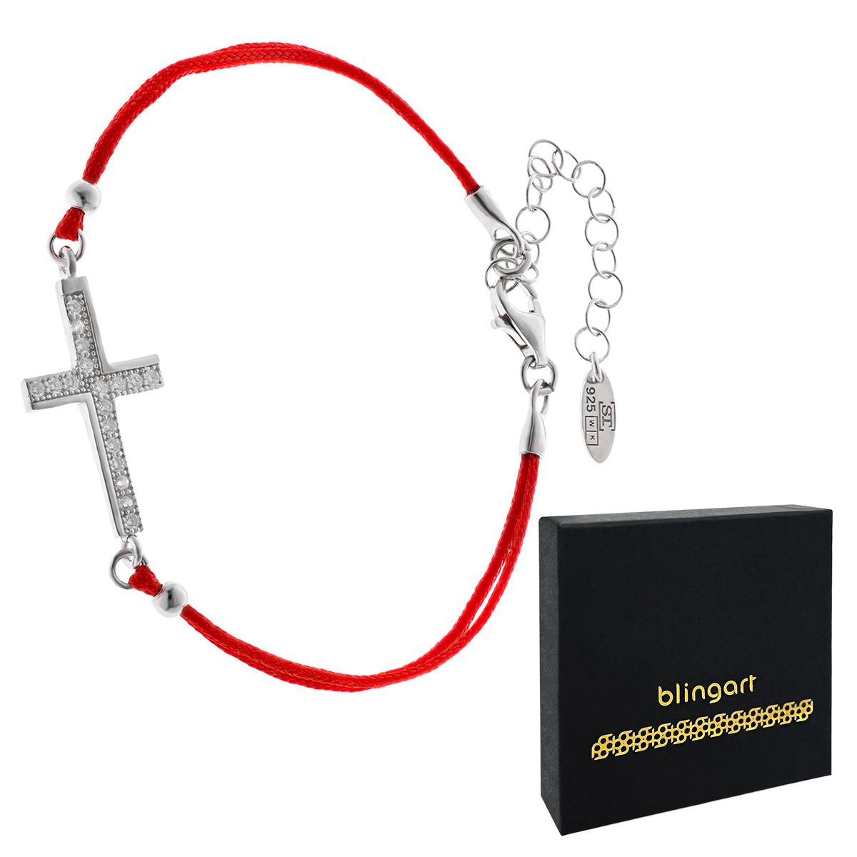 Bransoletka sznurkowa czerwona KRZYŻ srebro