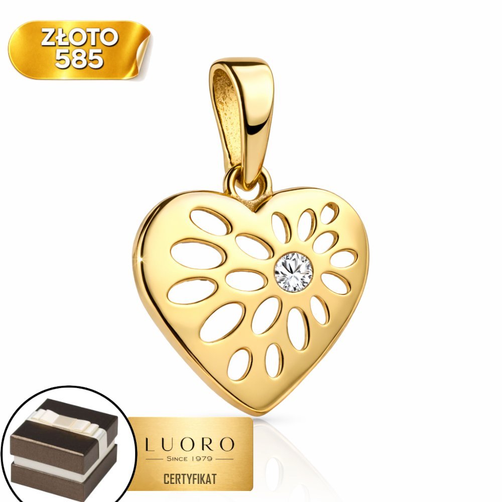 ZAWIESZKA ZŁOTA 585 14K SERCE WZORZYSTE Z CYRKONIĄ 1,5 CM ELEGANCKA