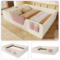 Łóżka dla dzieci i młodzieży - Tapicerowane łóżko dziecięce 140 x 190 cm z barierkami i torbą do przechowywania - Aksamit - Beżowy (Materac nie jest wliczony w cenę) - miniaturka - grafika 1