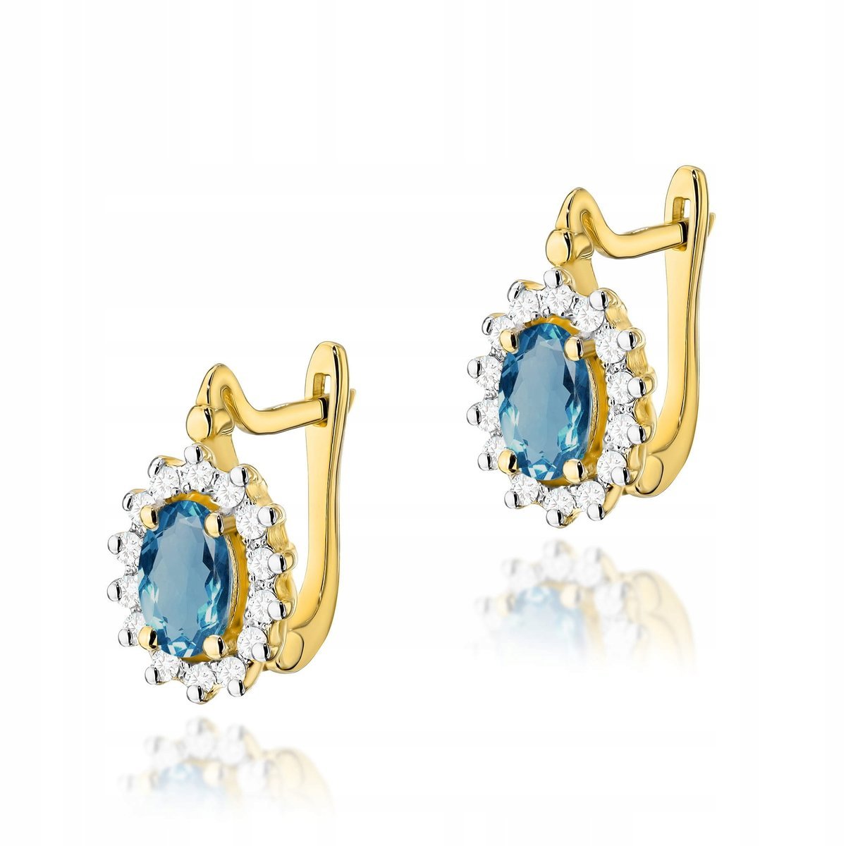 Luksusowe kolczyki złote 585 z naturalnym topazem London Blue diamenty 2,8g