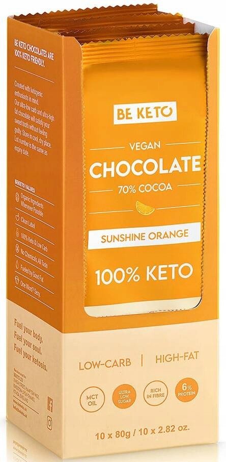 BeKeto Wegańska Keto Czekolada z Olejem MCT Słoneczna Pomarańcza 80g x10