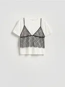 Koszulki i topy damskie - Reserved - T-shirt z koronkowym topem - złamana biel - miniaturka - grafika 1