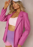 Marynarki i żakiety damskie - Fioletowa Pudełkowa Marynarka z Ekoskóry Niezapinana z Poduszkami w Ramionach Suniya - miniaturka - grafika 1